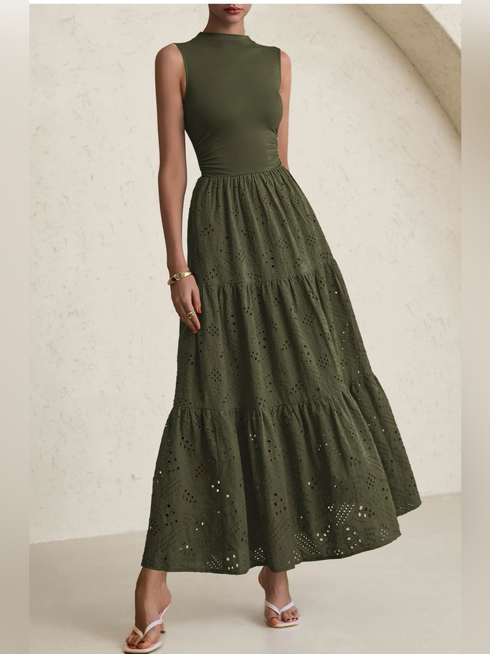 PrettyGarden Olive Eyelet Tiered Maxi Dress